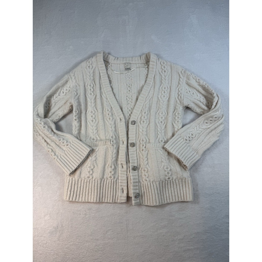 Women's Cream Cardigan Sweater Size XS Dimond Buttons Fisherman Cable Knit Dazzl